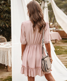 V-Back Lace Spliced Ruffle Hem Half Sleeve Summer Party Dress Women Solid A Line Classy Dress