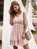 V-Back Lace Spliced Ruffle Hem Half Sleeve Summer Party Dress Women Solid A Line Classy Dress