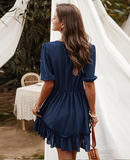 V-Back Lace Spliced Ruffle Hem Half Sleeve Summer Party Dress Women Solid A Line Classy Dress