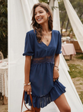 V-Back Lace Spliced Ruffle Hem Half Sleeve Summer Party Dress Women Solid A Line Classy Dress