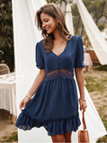 V-Back Lace Spliced Ruffle Hem Half Sleeve Summer Party Dress Women Solid A Line Classy Dress