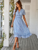 Women Floral Print Dress Casual Short Sleeve Ruffles Holiday Midi Dress