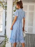 Women Floral Print Dress Casual Short Sleeve Ruffles Holiday Midi Dress