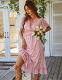 Women Floral Print Dress Casual Short Sleeve Ruffles Holiday Midi Dress