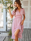 Women Floral Print Dress Casual Short Sleeve Ruffles Holiday Midi Dress
