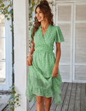 Women Floral Print Dress Casual Short Sleeve Ruffles Holiday Midi Dress