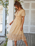 Women Floral Print Dress Casual Short Sleeve Ruffles Holiday Midi Dress