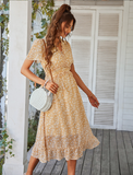 Women Floral Print Dress Casual Short Sleeve Ruffles Holiday Midi Dress