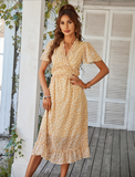 Women Floral Print Dress Casual Short Sleeve Ruffles Holiday Midi Dress