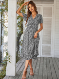 Women Floral Print Dress Casual Short Sleeve Ruffles Holiday Midi Dress