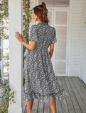 Women Floral Print Dress Casual Short Sleeve Ruffles Holiday Midi Dress