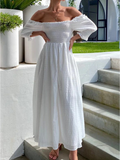 Elegant Slash Neck Dot Women Party Dress Summer White Off Shoulder Pleated Jacquard Maxi Dresses