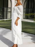 Elegant Slash Neck Dot Women Party Dress Summer White Off Shoulder Pleated Jacquard Maxi Dresses