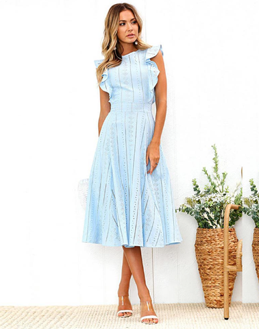 Embroidery Women Hollow Out Ruffled Holiday Summer Dress Casual Sexy Beach Dress