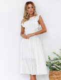 Embroidery Women Hollow Out Ruffled Holiday Summer Dress Casual Sexy Beach Dress