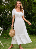 White Dot Elegant Dress Women Summer Square Collar Tie Up Short Sleeve Dress