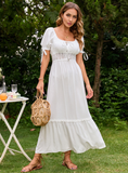 White Dot Elegant Dress Women Summer Square Collar Tie Up Short Sleeve Dress
