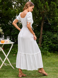 White Dot Elegant Dress Women Summer Square Collar Tie Up Short Sleeve Dress