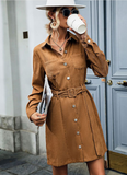 Casual Corduroy Dress Women Autumn Winter Long Sleeves Turn Down Collar Elegant Dress