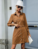 Casual Corduroy Dress Women Autumn Winter Long Sleeves Turn Down Collar Elegant Dress