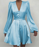Long Lartern Sleeve Print Dress Women Vintage Stain Elegant Women Fashion Short A-Line Dresses