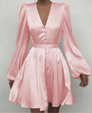 Long Lartern Sleeve Print Dress Women Vintage Stain Elegant Women Fashion Short A-Line Dresses