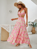 Summer Boho Floral Print Skirts Sets Ladies V Neck Crop Tops and High waist Long Skirt