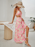 Summer Boho Floral Print Skirts Sets Ladies V Neck Crop Tops and High waist Long Skirt