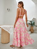 Summer Boho Floral Print Skirts Sets Ladies V Neck Crop Tops and High waist Long Skirt
