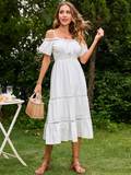 Sexy Cotton White Cold Shoulder Dress Holiday Vacation Beach Sundress Elegant Ruffle Lace Up Long Dress