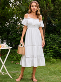 Sexy Cotton White Cold Shoulder Dress Holiday Vacation Beach Sundress Elegant Ruffle Lace Up Long Dress