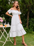 Sexy Cotton White Cold Shoulder Dress Holiday Vacation Beach Sundress Elegant Ruffle Lace Up Long Dress