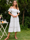 Sexy Cotton White Cold Shoulder Dress Holiday Vacation Beach Sundress Elegant Ruffle Lace Up Long Dress