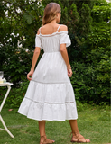 Sexy Cotton White Cold Shoulder Dress Holiday Vacation Beach Sundress Elegant Ruffle Lace Up Long Dress