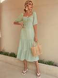 Plaid Square Collar Female High Waist Midi Dresses For Women Summer Bow Half Sleeve Long Dress