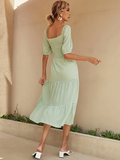 Plaid Square Collar Female High Waist Midi Dresses For Women Summer Bow Half Sleeve Long Dress