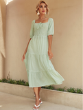 Plaid Square Collar Female High Waist Midi Dresses For Women Summer Bow Half Sleeve Long Dress