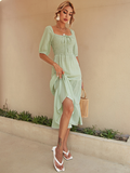 Plaid Square Collar Female High Waist Midi Dresses For Women Summer Bow Half Sleeve Long Dress