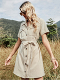 A-line Turn Down Collar Summer Women Dress Office Casual Single Buttons Cotton Dress