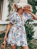 V-neck Ruffle Short Puff Sleeves Print Summer Mini Dress