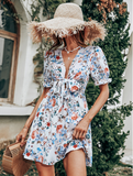 V-neck Ruffle Short Puff Sleeves Print Summer Mini Dress