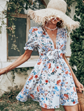 V-neck Ruffle Short Puff Sleeves Print Summer Mini Dress