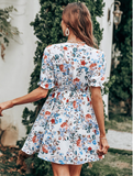 V-neck Ruffle Short Puff Sleeves Print Summer Mini Dress