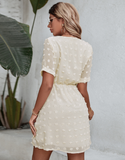 New Holiday V-neck Short Sleeves Dot Mini Dress Summer Women Tie Up Ruffle Dresses