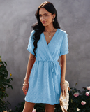 New Holiday V-neck Short Sleeves Dot Mini Dress Summer Women Tie Up Ruffle Dresses