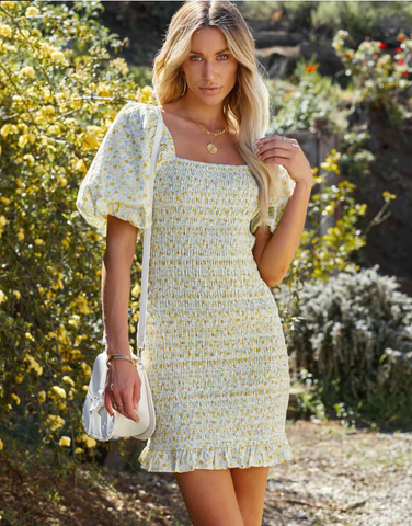 Floral Ruffles Dress Puff Sleeve Bodycon Mini Dress  Ladies Slash Neck Printed Pencil Dress