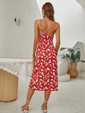 V-neck Spaghetti Strap Summer Print Midi Dress Women Lace Up Floral Split Sundress