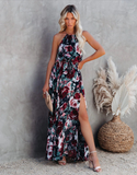 Bohemian Sexy Halter Print Split Maxi Dress Women Sleeveless Boho Beach Summer Dress