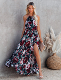 Bohemian Sexy Halter Print Split Maxi Dress Women Sleeveless Boho Beach Summer Dress