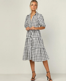 Collar Plaid Women Dress Short Sleeve High Waist Buttons Midi Dress